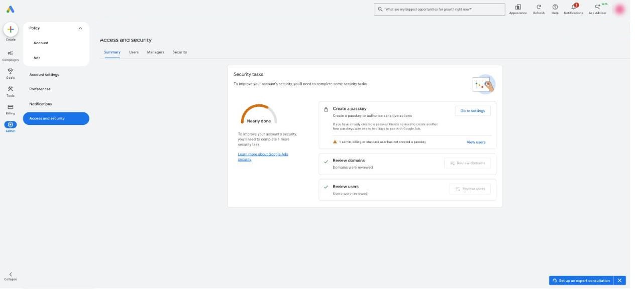 Sekcja Dostęp i bezpieczeństwo w Google Ads