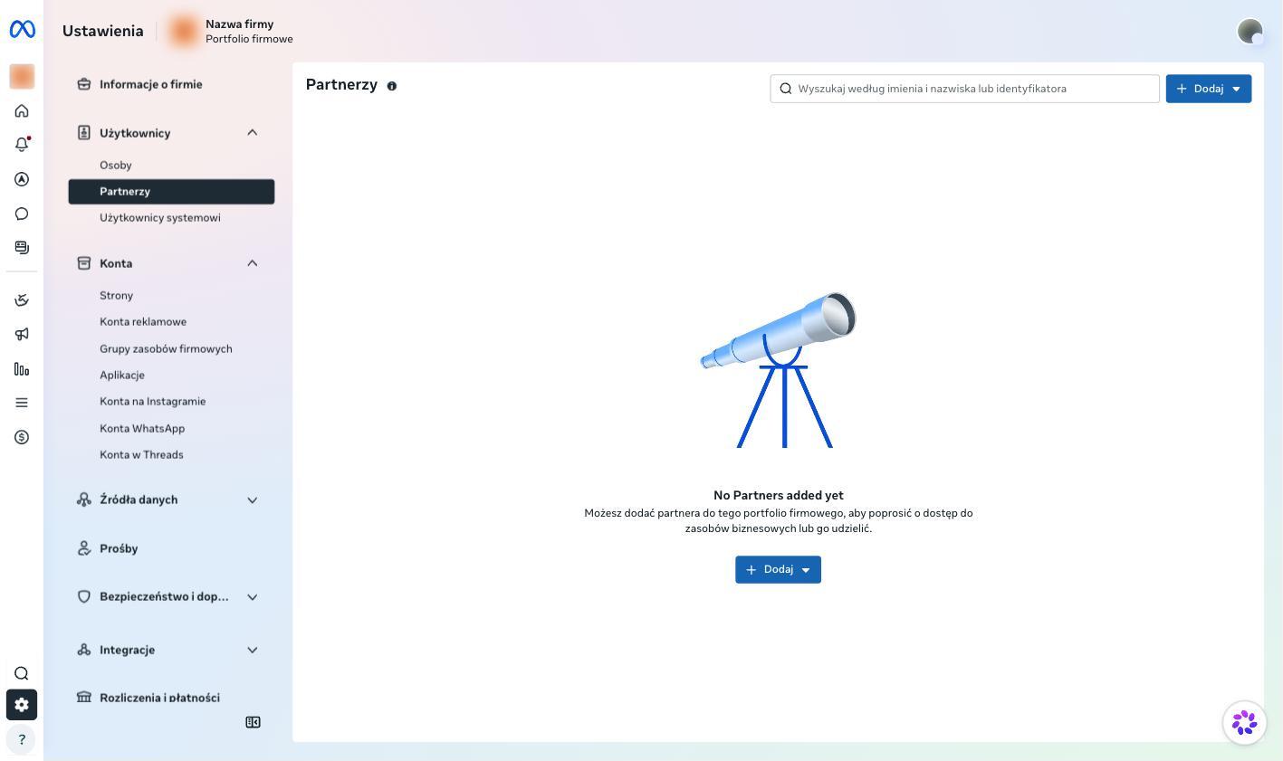 Sekcja Partnerzy w ustawieniach Meta Business Managera, lista partnerów jest pusta