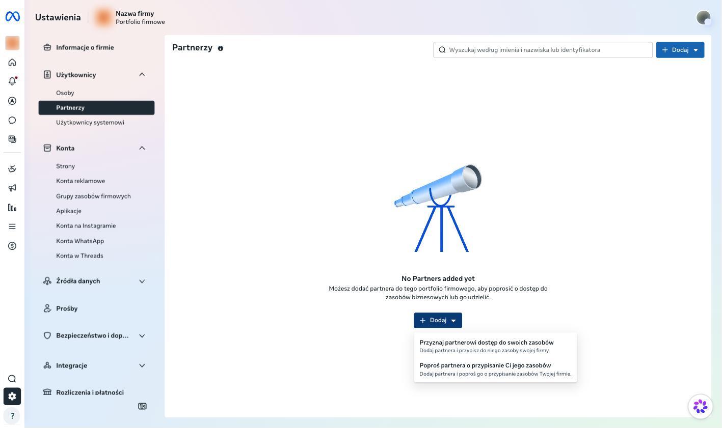 Rozwinięte menu Dodaj z dwiema opcjami przyznania dostępu partnerowi