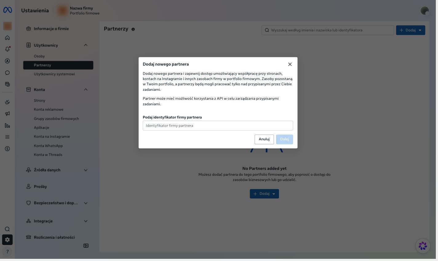Okno Dodaj nowego partnera z pustym polem na identyfikator firmy partnera