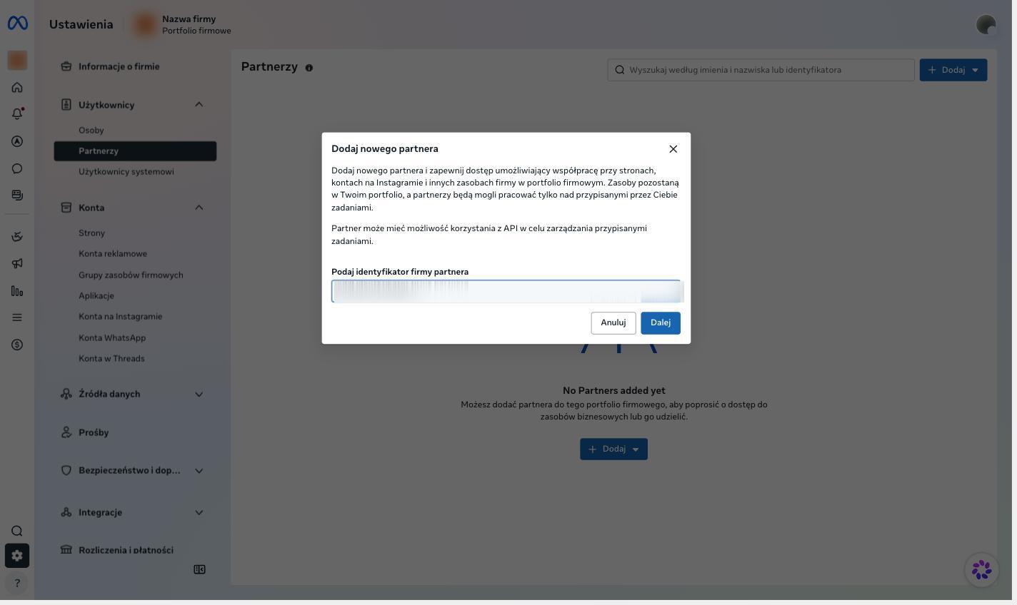 Wpisany identyfikator firmy partnera w oknie dodawania partnera
